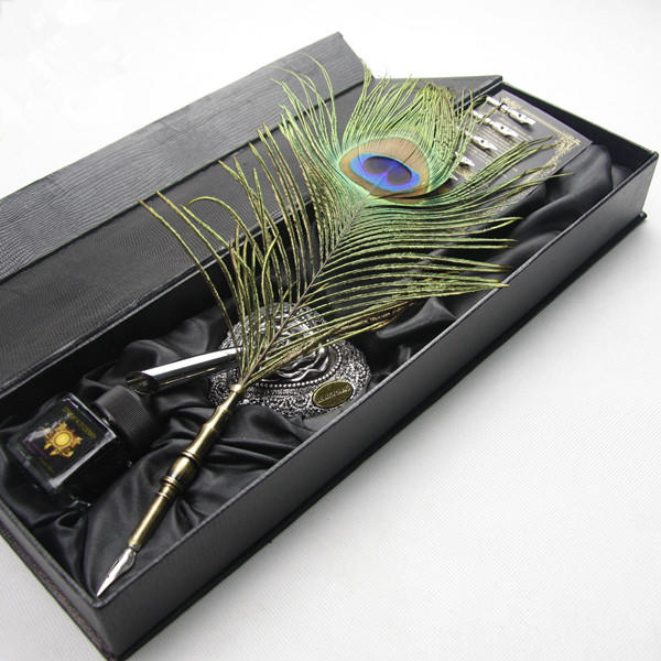 Peacock feather pen gift box